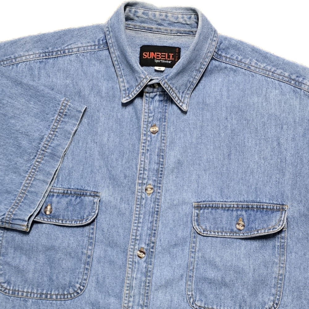 VTG 80s Sunbelt Sportswear Denim Jean Shirt Button Up Short Sleeve Mens M